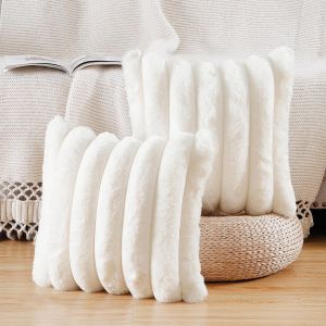 Cauc-Lot De 2 Housses De Coussin En Peluche En Fausse Fourrure Housse De Coussin D&eacute;corative Douce &Agrave; Rayures Moelleuses Pour Coussin De Chambre &Agrave; Coucher De Canap&eacute; Blanc Cr&egrave;me 45 X 45 Cm - Neuf