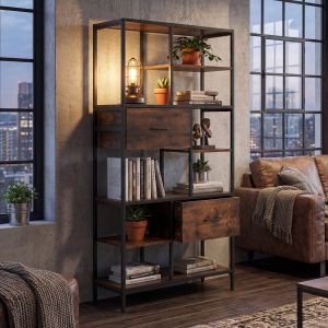 &Eacute;tag&egrave;re HWC-P11, &eacute;tag&egrave;re biblioth&egrave;que, &eacute;tag&egrave;re sur pied, tiroirs, MDF industriel, m&eacute;tal, m&eacute;lamine, 150 x 81 x 33 cmbrun fonc&eacute; - Neuf