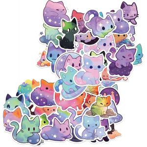 Mevronisshop-Lot De 50 Autocollants Kawaii Chat Ciel &Eacute;toil&eacute;, Stickers Chat Animaux Mignons, Esth&eacute;tiques Autocollants En Vinyle Imperm&eacute;ables Pour Ordinateur, Ordinateur Portable, Scrapbook, Agendas - Neuf