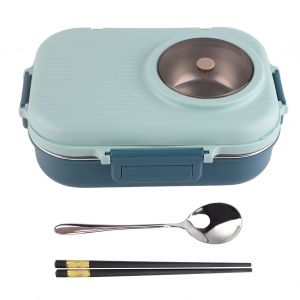 Hjlian Boite A Lunch Isotherme 1100 Ml, Double Couche, 3 Compartiments, En Acier Inoxydable 304, Avec Baguettes, Cuillere, Bol A Soupe, Bleu - Neuf