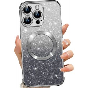 SJZG-Coque Magnétique Pour Iphone 14 Pro, Etui À Paillettes Compatible Avec Magsafe, Antichoc Charge Sans Fil Housse Pour Iphone 14 Pro, Avec 2 Verre Trempé, Noir - Neuf