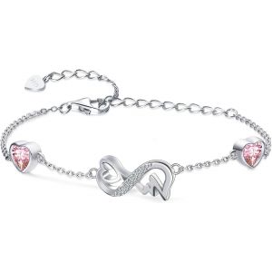 Eryi-Bracelet Infini Coeur Argent Sterling 925 Bracelet Femme Avec 2 Coeurs Pierres De Naissance Réglables Infinity Heart Ecg Bracelets, Belle Bijoux Cadeau D'anniversaire Pour Fille Maman - Neuf