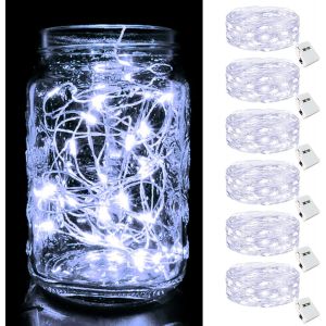 Lot de 6 Mini Guirlande LED à Pile, 2M 20LED 3 Modes Guirlande Lumineuse Pile, IP65 Étanche Petite Guirlande Lumineuse Led Interieur Décoration pour Jardin, Chambre, Mariage, Fête, Noël, Blanc Froid - Neuf