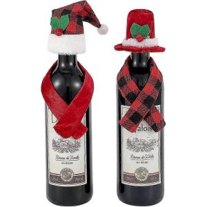 2 ensembles de couverture de bouteille de vin de No&euml;l,mini chapeau de P&egrave;re No&euml;l et &eacute;charpe de No&euml;l,chapeau de P&egrave;re No&euml;l - Neuf