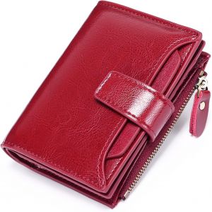 Portefeuille compact en cuir rouge vin pour femme, petit format, avec fermeture &eacute;clair et fen&ecirc;tre pour carte d'identit&eacute; - Neuf