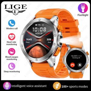 Lige Mode Montre Intelligente Hommes Assistant Vocal Bluetooth Appel Surveillance De La Fréquence Cardiaque Ip68 Led Étanche Lampe De Poche Hommes Smartwatch.Sliver. - Neuf