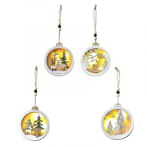 En bois, D&eacute;coration de No&euml;l &agrave; LED et de Rennes Motif (Set de 4) - 9,3 x 10,3 cm - en Bois de D&eacute;coration d'Arbre de No&euml;l avec des Rennes - Int&eacute;rieur Lumineux D&eacute;coration de No&euml;l - D&eacute;coration de Partie - Neuf