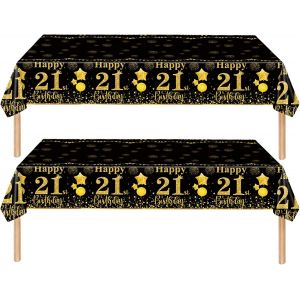 Sjzg-2 Pi&egrave;ces Nappe Noire Et Dor&eacute;e Decor F&ecirc;te D'anniversaire Pour 21 Ans, 137x274cm Nappe Plastique Et Rectangulaire D&eacute;coration De Table Joyeux Anniversaire Pour Homme Femme D&eacute;coration Anniversaire - Neuf