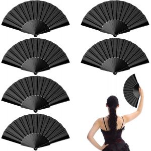 KALANKA-® 6 Pcs Eventail Noir, Éventail Pliant en Tissu, Éventail à Main Pliable Éventail Pliant Noir pour Danse, Fête, Cadeaux de Mariage, Décoration de Maison - Neuf