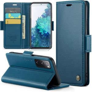 Kal-Coque Pour Samsung Galaxy S20 Fe+ 2 Pi&egrave;ces Verre Tremp&eacute;,Antivol,Prend En Charge Le Chargement Sans Fil, Pochette Fermeture Magn&eacute;tique Flip Case- Bleu - Neuf