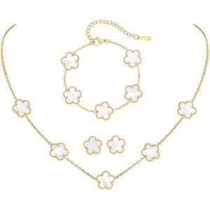 Kalanka-Ensemble De Bijoux Trèfle À Quatre Feuilles Pour Femme Fille Braceiet, Boucles D'oreilles,Collier Délicat Acier Inoxydable Parure Pour Cadeau D'anniversaire Mariage - Neuf