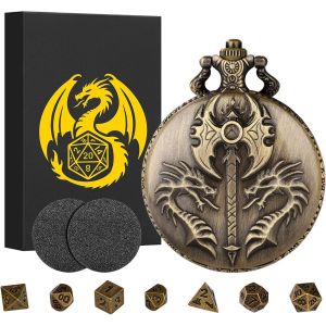 Chenquansarl-Mini Dnd Lot De D&eacute;s, Dragon &Agrave; Double T&ecirc;te (Hache Double Face) Coquille De Montre De Poche, 7 Pi&egrave;ces D&eacute;s, Jeu De D&eacute;s D&d En M&eacute;tal Poly&eacute;drique, Dnd Cadeau, Accessoires De Jeux De Soci&eacute;t&eacute; D - Neuf