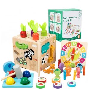 Montessori Toys for Kids,8 in 1 Wooden Toy Kit with Animal Pairing,Fruit Color Sorting,Fishing,Hitting Ball Game,Fine Motor Skills Activity Cube,Baby Gift - Neuf