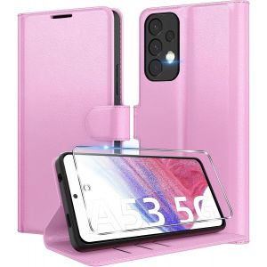KAL-Coque Pour Samsung Galaxy A53 5G + 1 Verre Tremp&eacute; Protection &Eacute;cran,Housse Premium En Cuir PuFentes Pour CartesPochette De Portefeuille,Etui &Agrave; Rabat Pour Samsung A53 - Rose - Neuf