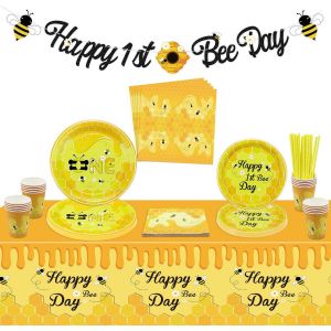 Letnerny-Décorations De Fête D'abeille, Premier Jour De L'abeille, Avec Bannière Happy 1st Bee Day, Assiettes, Serviettes D'abeille, Nappe Abeille, Tasses Pour Le Premier Anniversaire Des Enfants, Se - Neuf