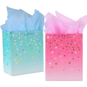 2Pcs Pochette Cadeau,Sac Cadeau En Papier Anniversaire,22 X 17 Cm Sac Cadeau Colorés Avec Poignées Et Papier De Soie,Sacs À Bonbons Emballage Pour Anniversaire,Mariage,Fête,Pâques - Neuf