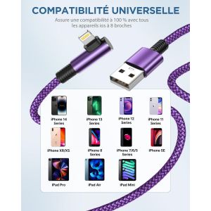Subzonal-Cable Iphone,2m/Lot De 3 Fil Chargeur Iphone Charge Rapide Tress&eacute; Longue Cordon Iphone Certifi&eacute; Mfi Angle C&acirc;ble Lightning Usb Pour Iphone 13/11/14/12 Pro Max Plus Mini Xr Xs 8 7 6s Se,Ipad,A - Neuf