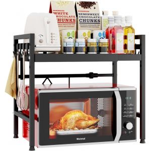 ChenQuanSarl-tagère À Micro-Ondes Réglable, Support De Micro-Ondes De Cuisine À 2 Niveau Extensible, Porte-Micro-Ondes En Acier Au Carbone, Organisateur De Rangement De Cuisine Avec 8 Crochets, Noir - Neuf