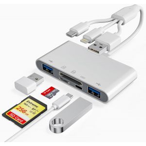 Lecteur de Cartes SD pour iPhone avec USB-C et Lightning, Lecteur de Cartes mémoire 3-en-1 SD/MicroSD avec Transfert Type-C, Compatible avec iPhone 16/15/14, iPad, MacBook, Android, PC - Neuf
