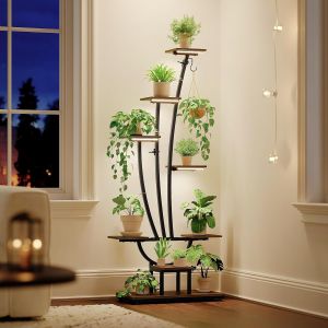 Nouvelhorizonstore-Support Pour Plantes Avec Lumi&egrave;re De Croissance - &Eacute;tag&egrave;re &Agrave; 7 Niveaux En M&eacute;tal Et Bois - Support De Fleurs Haut Pour L'int&eacute;rieur, Le Salon, Le Balcon Ou Le Jardin - Neuf