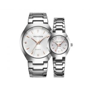 C53 Ensemble De 2 Montres Pour Couple Avec Cadran Blanc Et Bracelet En Acier Argenté - Neuf