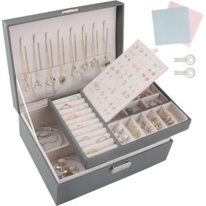 Boite A Bijoux Femme,Rangement Bijoux 2 Couches,Boite À Bijoux Verrouillable Avec Clef,Boîtes À Bijoux Et Présentoirs Pour Filles Femme Colliers,Bracelets, Bagues Et Boucles D'Oreilles(Gris) - Neuf