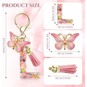 CAUC-Porte-cl&eacute;s avec Initiales, Porte Clef avec Pendentif Papillon et Pampille Mignon Porte Cle Lettre Initiale en R&eacute;sine pour Filles et Femmes pour Portefeuilles Sac &agrave; Main Charme (Rose, L) - Neuf