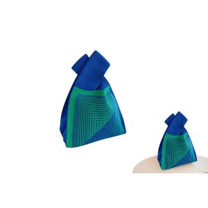 Petit sac cabas en crochet avec anse nou&eacute;e pour vos essentiels - Pochette tricot&eacute;e - Motif lignes bleues - Neuf