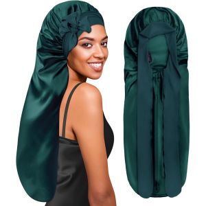 Jexnovashop-Bonnet Satin Cheveux Nuit Long Pour Dormir, Bonnet En Satin Pour Cheveux Charlotte Locks Boucl&eacute;s, Ajustable Avec Long Elastique Pour Femmes Et Hommes, Vert Fonc&eacute; - Neuf