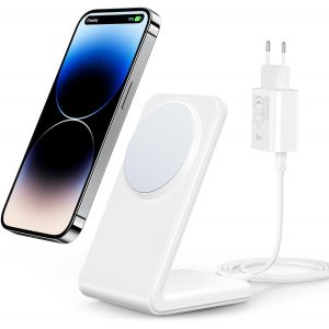 JGD-Chargeur sans Fil magn&eacute;tique pour iPhone 15/14/13/12 s&eacute;ries Charge Rapide avec Adaptateur USB-C PD3.0 20W et c&acirc;ble de Charge magsafe Station de Charge pour iPhone 15 Pro Max Plus Mini, Blanc - Neuf