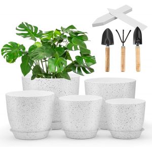 lbgwp60-Lot De 5 Pots De Fleurs D'Intérieur En Plastique Avec Rainures De Drainage Et Plateau - 18/16/14/12,5/11,5 Cm - Pots De Fleurs Décoratifs Modernes Pour Toutes Les Plantes D'Intérieur - Neuf