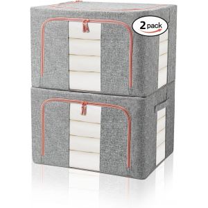 MEVRONISSHOP-Lot de 2 Sacs de Rangement Pliables et Rigides pour Couettes, Boite de Rangement Armoire pour &Eacute;dredons Couvertures Oreillers Jouets Vestes V&ecirc;tements, Avec Fen&ecirc;tres Transparentes, Gris (6 - Neuf