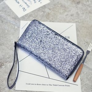 HJLIAN Portefeuille a fermeture eclair a paillettes pour etudiante, porte-cartes a boucle tendance (argent) - Neuf
