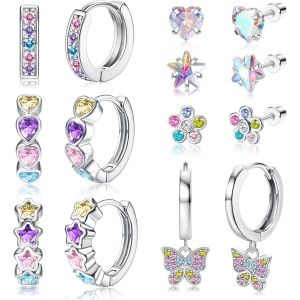 7 Pairs Of Children's Girls' Earrings, Women's Hoop Earrings, Stainless Steel, Hypoallergenic Heart Flower Star Butterfly Cubic Zirconia Piercing Ear Cartilage Pink Coloured Cz - Neuf