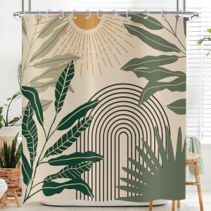 Uaa-Rideau De Douche Boho 180x200, Mid Century Abstrait Feuilles Vertes Moderne Soleil Minimaliste Esthétique Géométrique Rideau De Baignoire Imperméable Tissu Polyester Lavable Rideau De Bain - Neuf