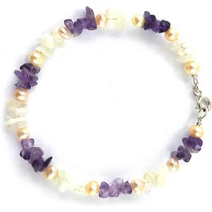 Kalsw-Bracelet En Pierres V&eacute;ritables Baroques Polies D'am&eacute;thyste,De Pierre De Lune Altern&eacute;es Avec Perles D'eau Douce.Fermoir En Argent 925.Id&eacute;e Cadeau St Valentin - Neuf