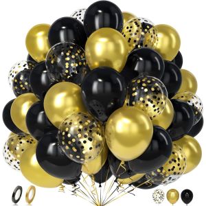 Ballons Or Noir, 50 Pi&egrave;ces Noir Or Confettis Ballon Avec Ruban Homme Femme Gar&ccedil;on Fille Anniversaire Mariage Mascarade Remise Dipl&ocirc;me Proposition Valentin Retraite F&ecirc;te Nouvel An D&eacute;coration - Neuf