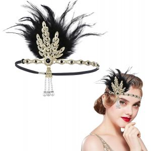 Kal-1920s Accessoires Bandeau Pour Femme 1920s Bandeau De Plumes, Headband Gatsby Plume, Gatsby Flapper Accessoires, Charleston Bandeau, Bandeau Gatsby, Année 20 Vintage Partie À Thème (1 Pcs) - Neuf