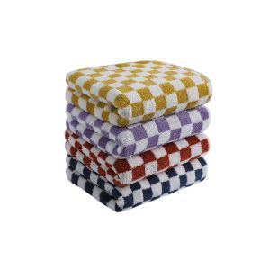 Ensemble De 4 Serviettes De Bain Et De Toilette En Polaire Corail &Agrave; Carreaux - Neuf