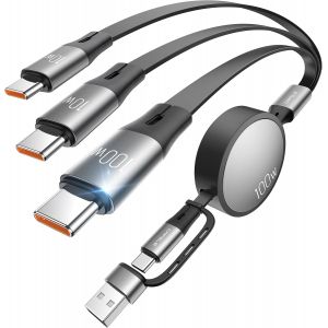 JGD-3-USB-C C&acirc;ble Multi 6 en 1,C&acirc;ble R&eacute;tractable &agrave; Charge Rapide 100W PD3.1/QC5.0,[100W+10W+L27W] C&acirc;ble Chargeur Multi Embout,avec 17 16 15 14 13,Galaxy S25,Pad MaBook Pro Air/35-110CM - Neuf