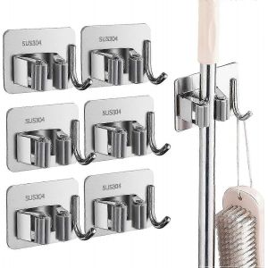 6Pcs Porte-balai Porte-serpillière adhésif mural en acier inoxydable avec crochets pour potager Jardin Balcon Garage Buanderie - Neuf