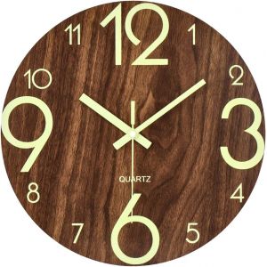 Horloge murale lumineuse silencieuse en bois de 30,5 cm avec veilleuse, horloge murale ronde pour salon et chambre (pile non incluse) - Marron - Neuf