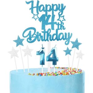 Sjzg-Ensemble De D&eacute;corations De G&acirc;teau D'anniversaire En Forme De Chiffre 14 Bleu Pour G&acirc;teau D'anniversaire, Bougies D'anniversaire Pour Filles Et Gar&ccedil;ons, &Eacute;toile Ble, Lz-Cp-Tz-Ls-14 - Neuf
