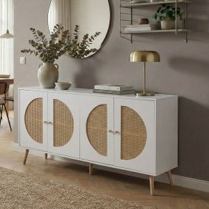 Buffet HWC-P49, armoire commode avec portes, buffet, compartiments de rangement, polyrotin MDF m&eacute;lamin&eacute; 80x160x40cmblanc - Neuf