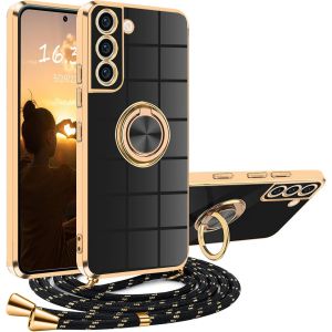 Kalanka-Coque Pour Samsung Galaxy S21 5g Avec Cordon, Coque Pour S21 5g Samsung Avec Collier Silicone Housse 360° Voiture De Bague Magnétique Antichoc Étui Lanyard Case Portable Protection Cover Avec - Neuf
