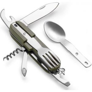 Ensemble D'ustensiles De Camping 7 En 1 En Acier Inoxydable : Fourchette, Cuillère, Couteau, Décapsuleur Et Plus Encore, Dans Une Pochette Portable Pour Vos Aventures En Plein Air. - Neuf