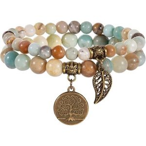 Pierre Naturelle Bracelet Femme Perles Naturelles Bracelet-Ensemble De Deux Bracelets Avec Arbre De La Vie Et De La Feuille D'accessoires, F - Neuf