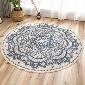 Tapis D'ext&eacute;rieur Rond Mandala 120 Cm En Coton Lavable - Neuf