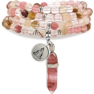 Eryi-Bracelet Mala 108 Perles Naturelles Collier De Pleine Conscience Avec Breloque Bouddha Yoga Zen Et Pendentif Prisme Hexagonal En Quartz Reiki - Neuf