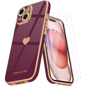 Kal-Coque Compatible Avec Iphone 15 + 2 Films De Protection D'écran, Coque De Style Pour Filles, Coque Galvanisée, Protection D'appareil Photo, Coque De Téléphone Pour Iphone 15, Rouge Cerise - Neuf